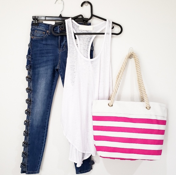 Luxe Label Handbags - BEACH BUM ROPE & CANVAS STRIPED TOTE (PINK)